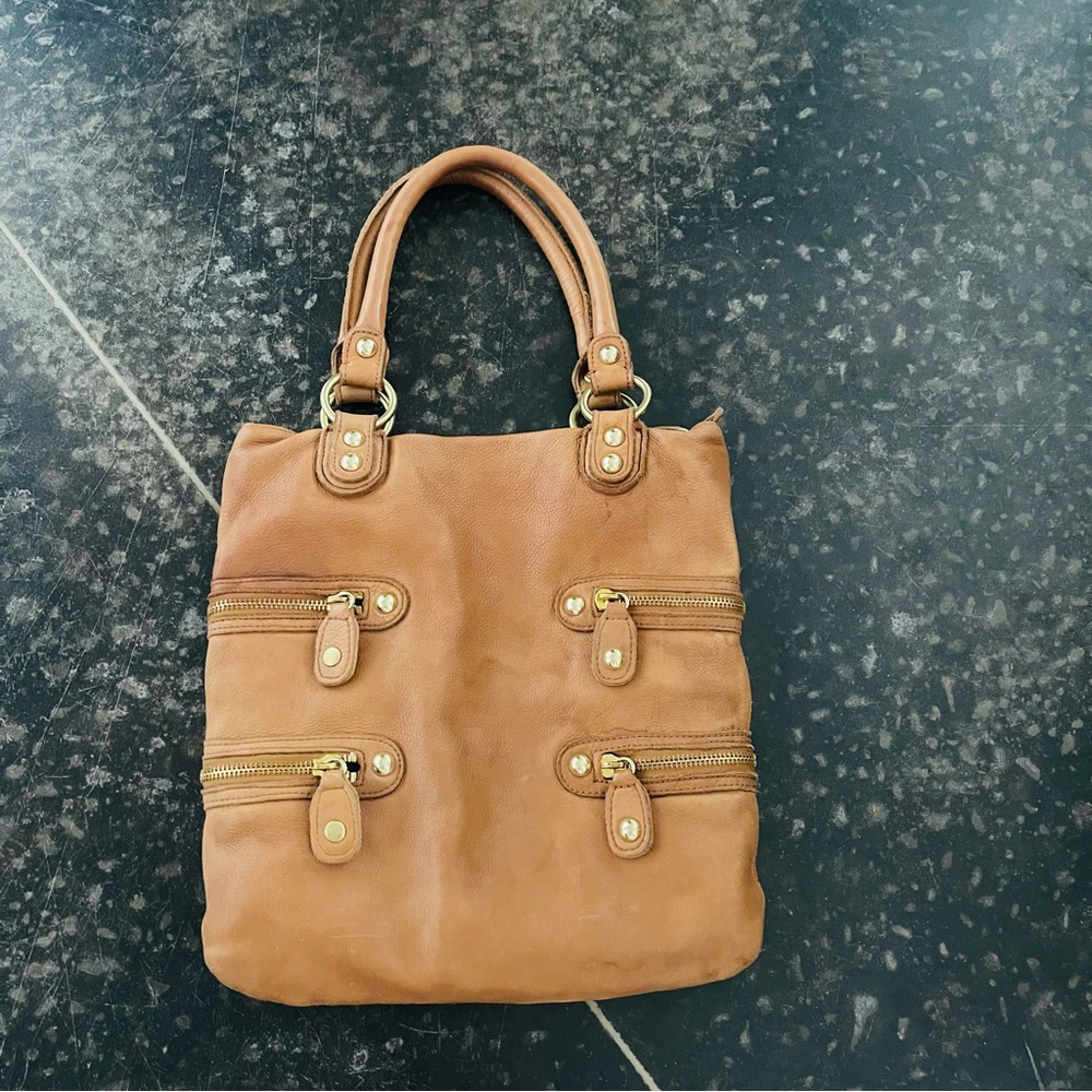 Linea Pelle Brown Leather Shoulder Bag with Gold Accents